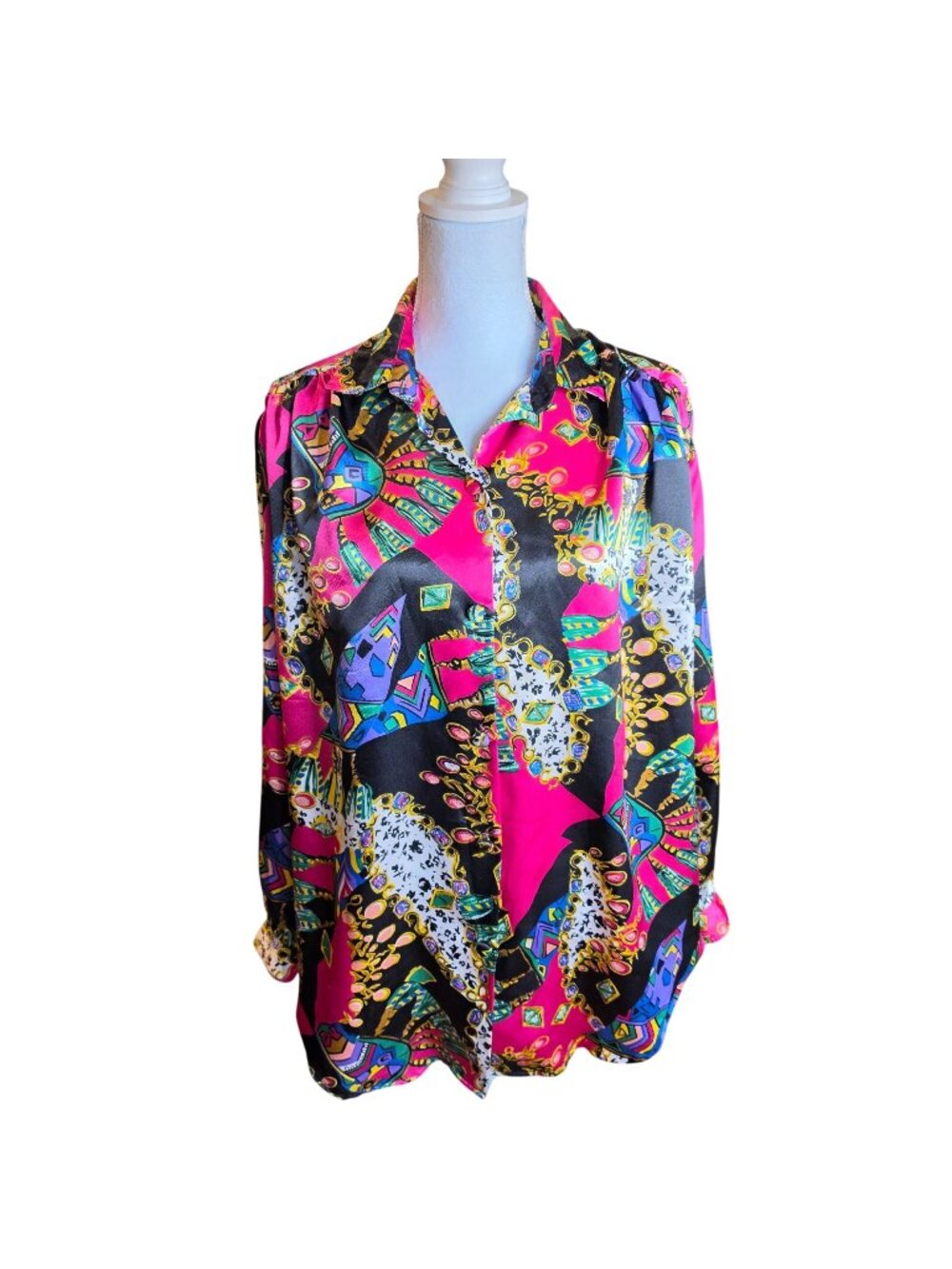Vintage Maximalist 80s Gianna Abstract Print Silky Blouse Oversized Art Shirt L